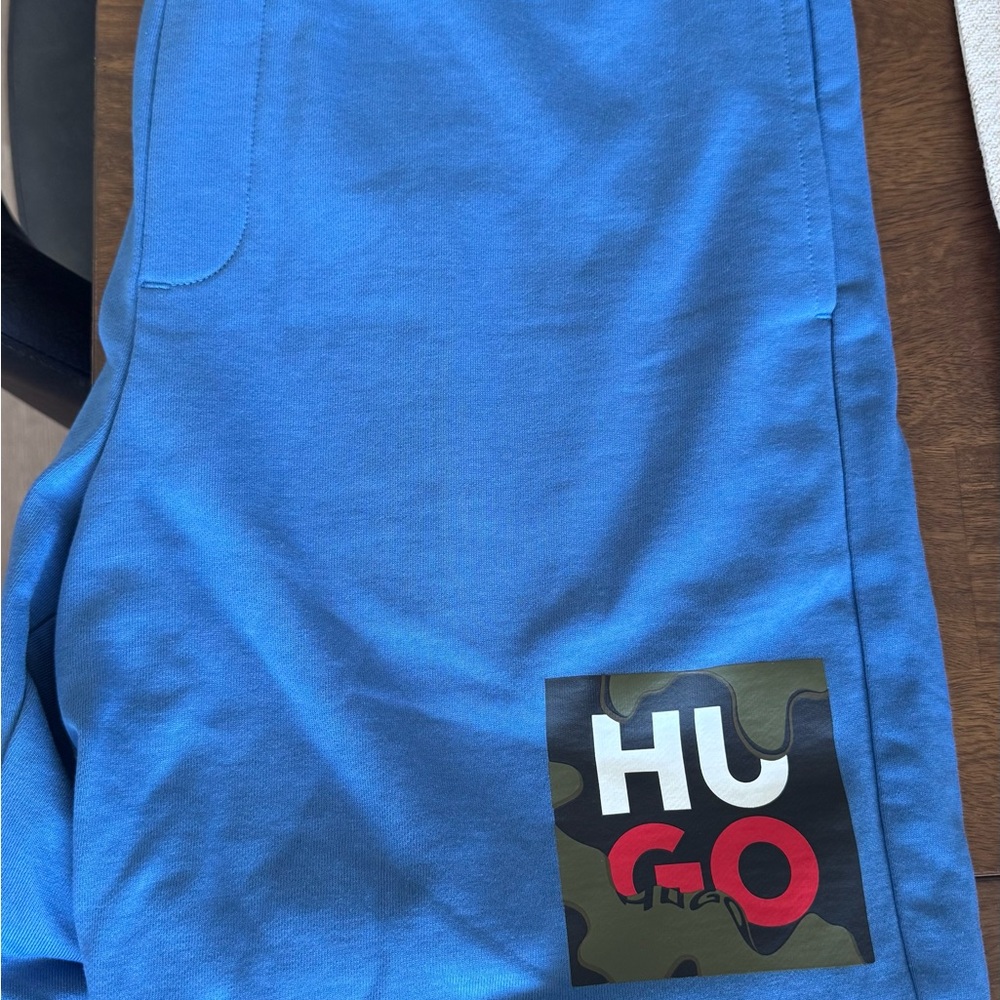 HUGO Blue Athletic Shorts with Camouflage Logo Patch